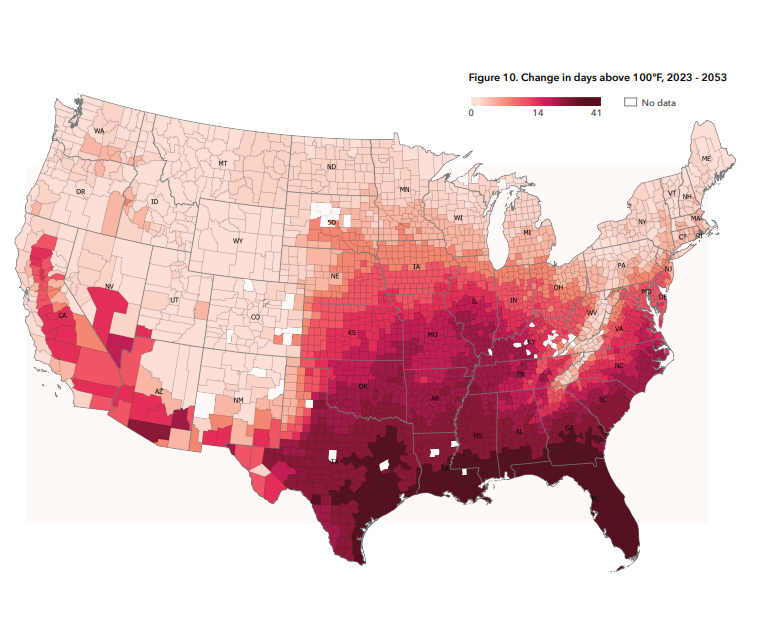 USA Map shows how many "dangerous heat days" each state/county may have